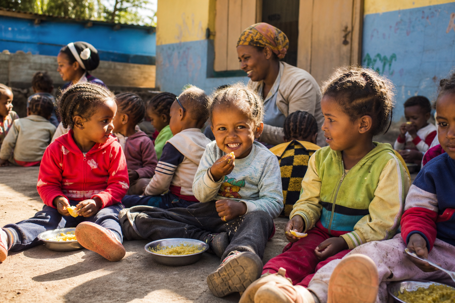 Bambini durante il pasto alla scuola