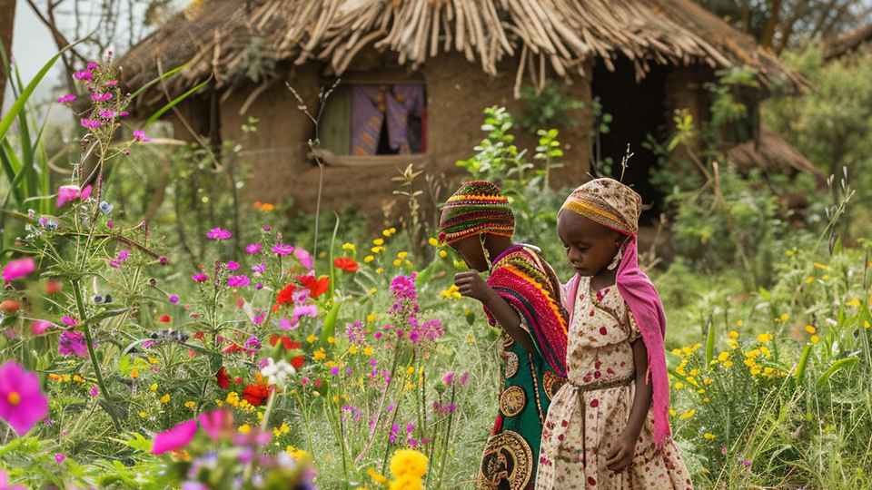 Bambini davanti a una casa tradizionale in Etiopia